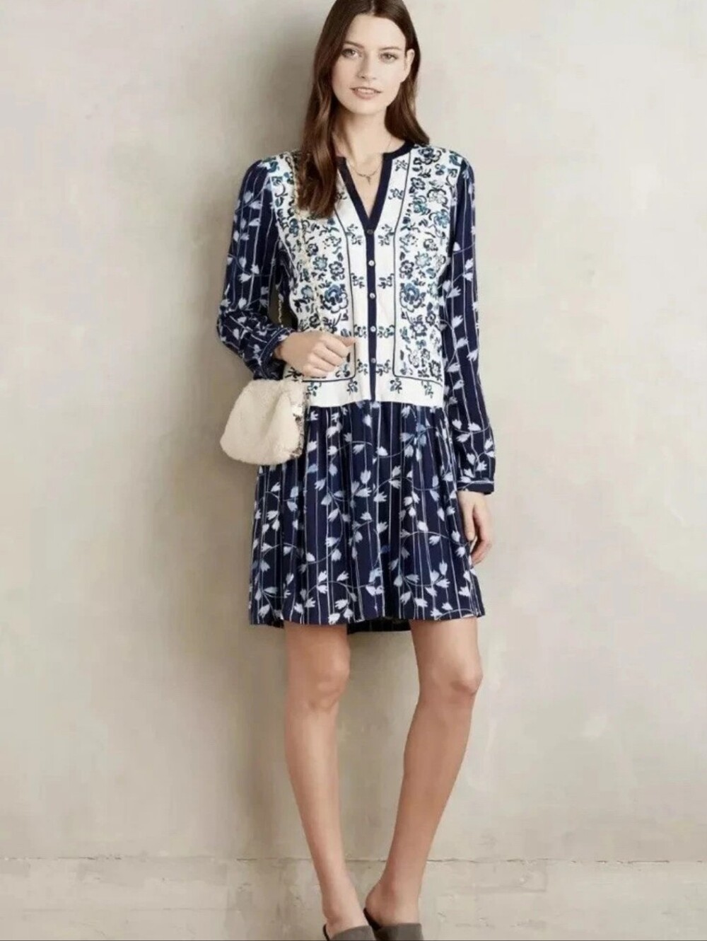 Boho Anthropologie Tiny Semele Floral Embroidered Shirt Sress Sz S